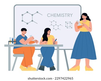 Clase de química con profesores y estudiantes, junta escolar y tubos de prueba. Gráfico vectorial plano minimalista de la educación y el conocimiento