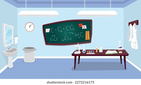 Chemistry class vector. There are chalk board on the middle of the classroom wall and here are some molecule patterns on it. Aprons hanging on the wall. 