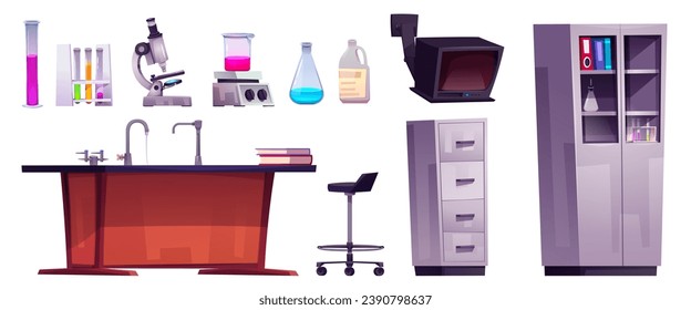 Chemistry classroom equipment set isolated on white background. Vector cartoon illustration of research lab furniture, glassware with color liquids, microscope, tv, drawer and bookcase with folders