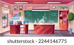 Chemistry classroom interior, vector cartoon illustration. School room with teachers desk, lab experiment equipment, board with formulae on wall, chemicals in bottles on shelves. Science and education