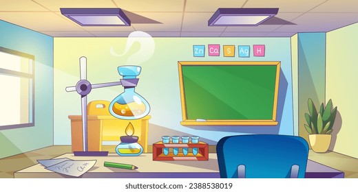 Inneres des Chemieunterrichts. Vektorgrafik-Cartoon-Illustration der naturwissenschaftlichen Schulklasse mit Laborglasflaschen, Teströhren, Trichter und Brenner mit Feuer auf dem Schreibtisch, Tafel an der Wand, Schulbildung