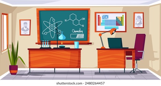 Chemistry classroom school interior background. Lab experiment equipment. Science class with green blackboard, desk, laboratory experiment equipment. Cartoon vector illustration.