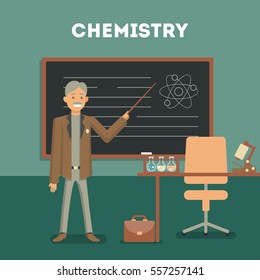 Chemistry classroom with teacher or professor. Science at shool or university. Chemical lab. Room with board, table and bottles.