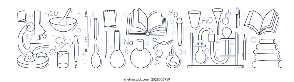 Colección de Química. Dibujo de línea del microscopio y tubo de ensayo de laboratorio. Educación y signos de estudio para las lecciones escolares, materiales impresos. Vector doodle Elementos de arte aislados. Trazo editable