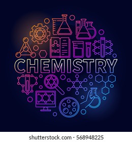 Chemistry colorful round illustration. Vector thin line science symbol made with word CHEMISTRY and chemical icons on dark background