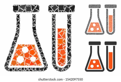 Chemistry composition of irregular items in variable sizes and color tones, based on chemistry icon. Vector tuberous items are organized into collage. Chemistry icons collage with dotted pattern.