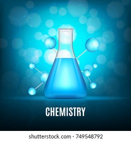 Chemistry concept. Background with glass vial and molecule. 3d illustration. EPS10 vector