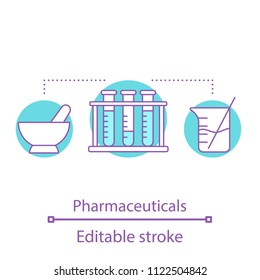 Chemistry concept icon. Diagnostic or scientific lab idea thin line illustration. Pharmaceuticals. Test tubes, mortar and pestle, beaker. Vector isolated outline drawing. Editable stroke