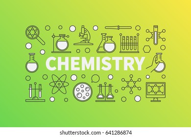 Chemistry concept illustration. Vector creative science background made with word CHEMISTRY and chemical icons on green background