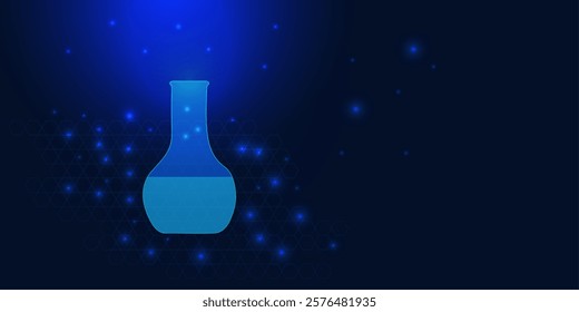 Chemistry concept with lab flask. Molecular structure and glowing particles. Medicine, science and technology innovation design background. Vector illustration.
