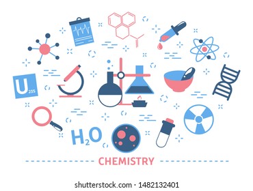 Chemistry concept. Laboratory experiment and science research. Chemical equipment. Collection of colorful icons. Isolated flat vector illustration