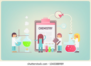 Chemistry Concept. Scientists Working at Chemistry Laboratory. Research Lab Banner in Retro Style. Lab Equipment Set. Flasks, Beakers, Spirit Lamp, Burner. Vector Illustration.