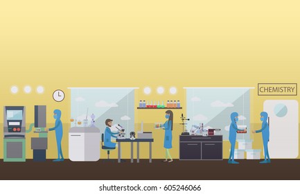Chemistry concept vector illustration in flat style. Laboratory interior, chemists testing chemical elements using lab equipment and glassware.