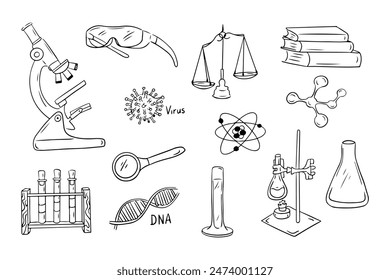 Kollektion von Doodles mit Mikroskop und Reagenzgläsern. Monochrome Aufkleber für Bildungsmodelle. Clipart von skizzenhaften Umrisszeichnungen auf weißem Hintergrund