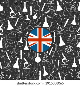 Chemistry creative concept. Circle frame with icons. Flag of United Kingdom