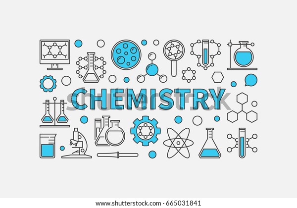 化学のクリエイティブな現代の背景 白い背景に薄い線の化学アイコンと青の単語chemstryで作られたベクター科学と教育のイラスト のベクター画像素材 ロイヤリティフリー