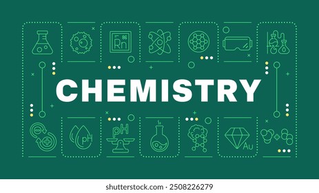 Chemistry dark green word concept. School subject. Laboratory equipment. Chemical bond and reaction. Horizontal vector image. Headline text surrounded by editable outline icons