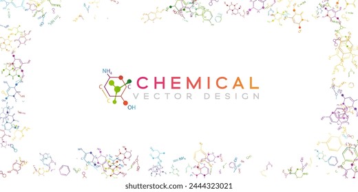 Chemistry decoration element with colorful scattered chemistry formulas. Vector frame with copy space.