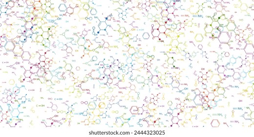 Chemistry decoration element with colorful scattered chemistry formulas. Vector textured background