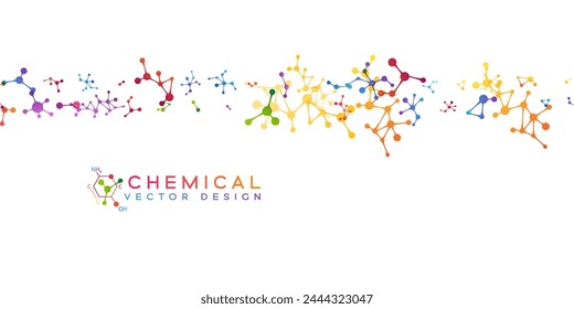 Chemistry decoration element with colorful scattered molecules. Vector horizontal divider.