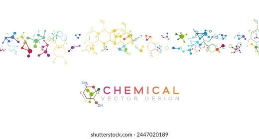 Chemistry decoration element with colorful scattered molecules and chemistry formulas. Vector horizontal divider.