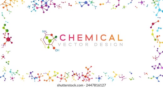 Chemistry decoration element with colorful scattered molecules. Vector frame with copy space.