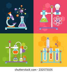 Iconos planos decorativos de química establecidos con equipos de prueba de laboratorio y de investigación ilustraciones vectoriales aisladas