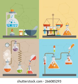Chemistry decorative flat icons set with lab test and research equipment isolated vector illustration