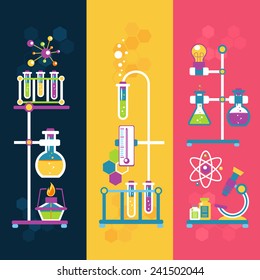 Chemistry decorative vertical banners set with laboratory flasks tubes isolated vector illustration