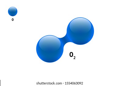 Chemistry diatomic oxygen O2 molecule model. 3d integrated particles dioxygen gas molecular structure consisting formula. Two volume atom vector spheres