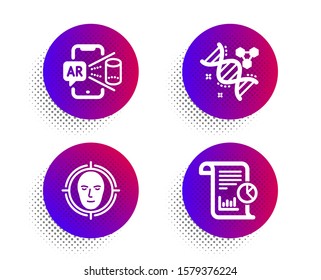 Chemistry dna, Face detect and Augmented reality icons simple set. Halftone dots button. Report sign. Chemical formula, Select target, Phone simulation. Work analysis. Science set. Vector