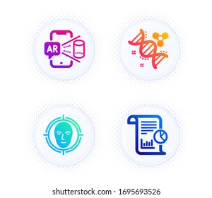 Chemistry dna, Face detect and Augmented reality icons simple set. Button with halftone dots. Report sign. Chemical formula, Select target, Phone simulation. Work analysis. Science set. Vector