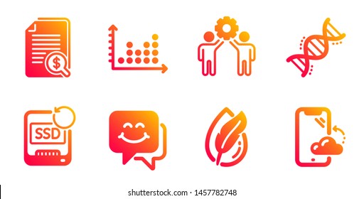 Chemistry dna, Hypoallergenic tested and Recovery ssd line icons set. Employees teamwork, Dot plot and Smile face signs. Financial documents, Smartphone cloud symbols. Vector