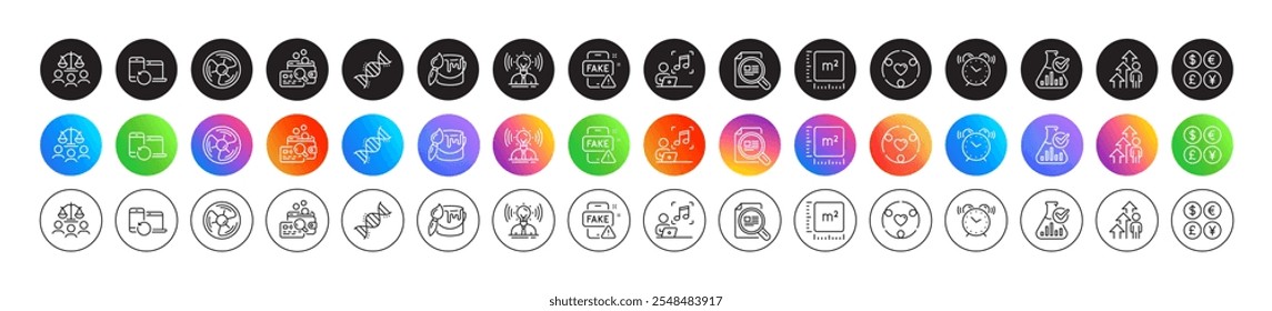 Chemistry dna, Chemistry lab and Fake news line icons. Round icon gradient buttons. Pack of Square meter, Alarm clock, Inclusion icon. Employee result, Brand, Inspect pictogram. Vector