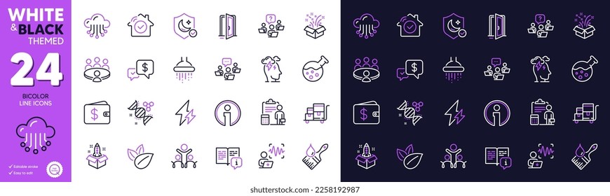 Chemistry dna, Open door and Cloud storage line icons for website, printing. Collection of Shower, Guard, Electricity icons. Gift, Manual, Brush web elements. Voice wave. Bicolor outline icon. Vector