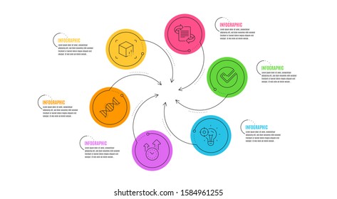 Chemistry dna, Verify and Seo idea line icons set. Infographic timeline. Marketing, Augmented reality and Time management signs. Chemical formula, Selected choice, Performance. Article. Vector