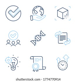 Chemistry dna, Verify and Seo idea line icons set. Diploma certificate, save planet, group of people. Marketing, Augmented reality and Time management signs. Vector