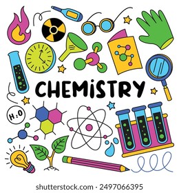 Química doodle conjunto de elementos, ilustración y ciencia.