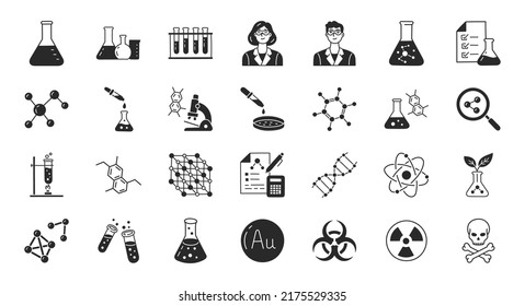 Chemistry doodle illustration including flat icons - flask, lab tube, scientist, propper, petri dish, beaker, experiment, biotechnology. Glyph silhouette art about laboratory research. Black color