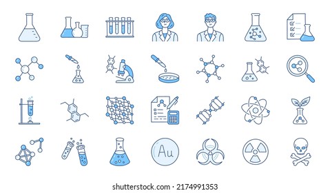 Ilustración de doodle química, incluyendo íconos - flask, lab, science, petri dish dish dish dish dish, beaker, experimentar, biotecnología. Arte delgado sobre investigación de laboratorio. Color azul, salto modificable