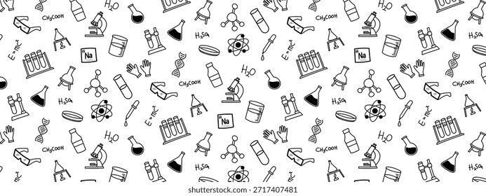 Chemistry doodle seamless pattern background science biology laboratory hand drawing cute