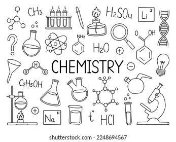 Chemistry doodle set. Chemical laboratory equipment in sketch style. Flasks, formulas, microscope, burner Hand drawn vector illustration isolated on white background