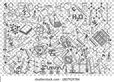 Conjunto de doodles de química. Colección de dibujos a mano plantillas de dibujo patrones de elementos químicos y frascos de fórmulas o tubos con reactivos. De vuelta a la escuela y a la ilustración educativa.