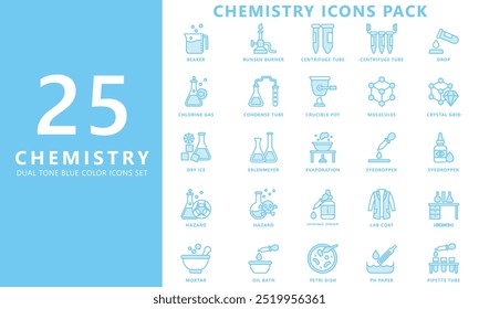 Chemistry dual tone, blue color icon set, contain atom, flask, beaker, tube, drop, mortar, hazard, erlenmeyer and more. vector EPS 10. use for UI, UX, app and web development. for industry, education.