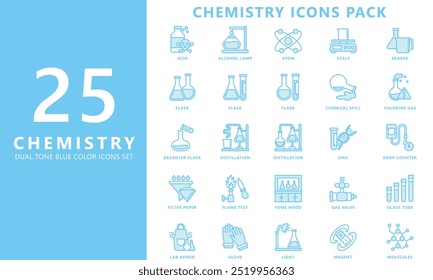 Química de tom duplo, conjunto de ícones azuis, contém ácido, átomo, frasco, copo, destilação, molécula e muito mais. vetor EPS 10. use para UI, UX, app e web development. for for industry, education, health.