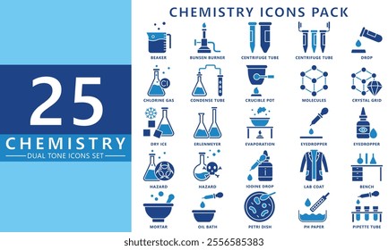Chemistry dual tone icon set, contain atom, flask, beaker, tube, drop, mortar, hazard, erlenmeyer, eyedropper and more. vector EPS 10. use for UI, UX, app and web development. for industry, education.