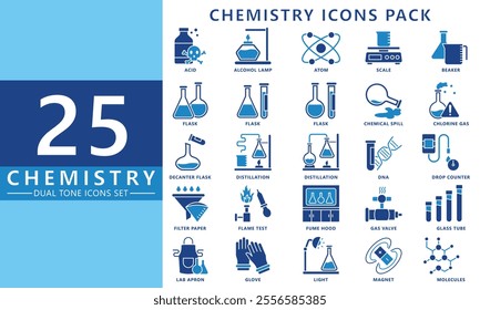 Chemistry dual tone icon set, contain acid, atom, flask, beaker, distillation, molecule, DNA and more. vector EPS 10. use for UI, UX, app and web development. for for industry, education, health.