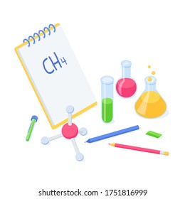 Chemistry education or back to school isometric concept - vector illustration of chemical flasks with liquid, molecule model and notepad with chemical formula for learning and studying design.