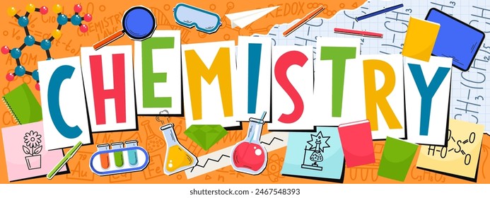 Chemie. Bildung Kritzel und Schriftzug Collage.