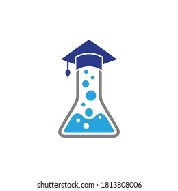 Chemistry education logo. Beaker with toga hat logo concept. School university laboratory logo template